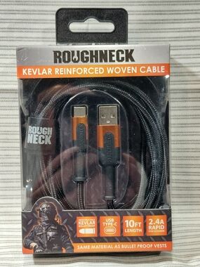NEW Roughneck Kevlar Reinforced USB-C Cable - Black Charging Cable 10' Long